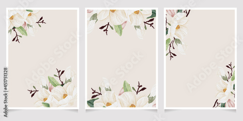 watercolor hand drawn white magnolia flower and green leaf branch bouquet wedding invitation card template collection