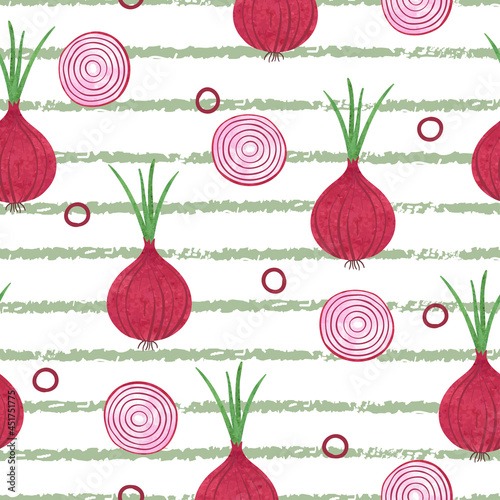 Seamless watercolor red onion pattern. Vegetable vector  striped background.
