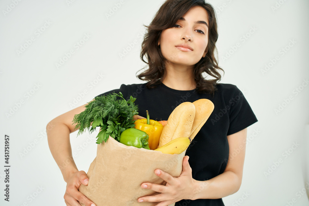 cute brunette package with health products delivery from supermarket cute brunette package with health products delivery from supermarket