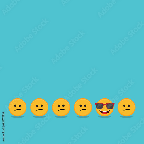 Be different - Being different, standing out from the crowd -The smiling emoji also represents the concept of positivity, individuality , confidence, uniqueness, innovation, creativity. © madedee