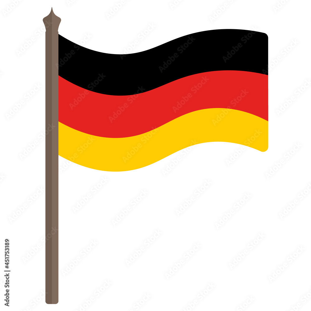 Obraz premium Flag of Germany. Tricolor fabric cloth. The national symbol of the state develops in the wind. Colored vector illustration. Isolated white background. Federal Republic of Germany. Political topics. 