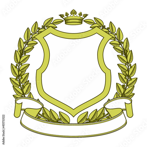 Vintage label with gold laurel wreath and crown. Vintage engraving stylized drawing