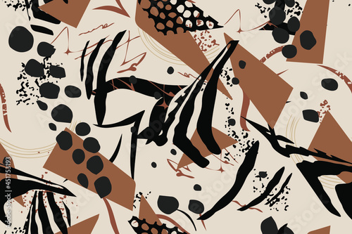 Zebra. Strips and spots. Safari. Abstract tropical pattern. Stylized shapes. Fashionable ornament. Seamless texture