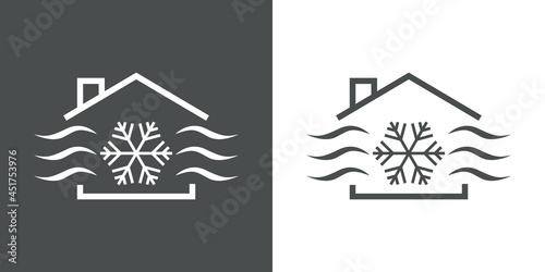 Símbolo aire acondicionado. Logotipo copo de nieve con olas en silueta de casa en fondo gris y fondo blanco