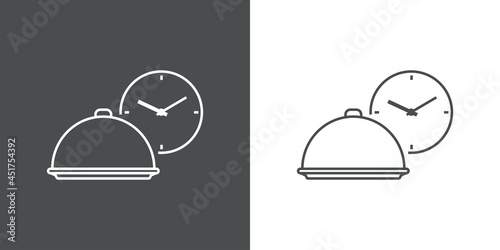 Servicio entrega de comida a domicilio. Logotipo con bandeja de comida con esfera de reloj simple con lineas en fondo gris y fondo blanco