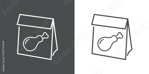 Comida para llevar. Logotipo con silueta de muslo de pavo o pollo asado en bolsa de papel en fondo gris y fondo blanco