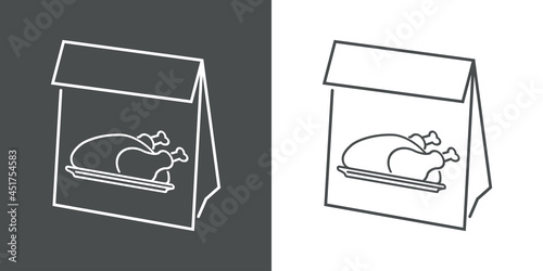 Comida para llevar. Logotipo con silueta de pavo o pollo asado en bolsa de papel en fondo gris y fondo blanco