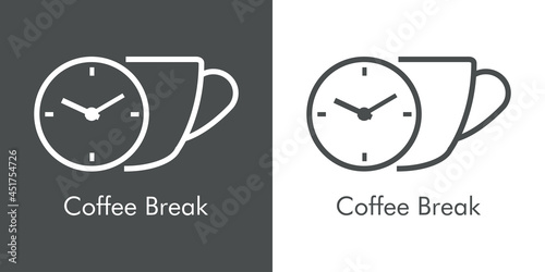 Logotipo con texto Coffee Break. Icono con silueta taza de café con esfera de reloj simple con lineas en fondo gris y fondo blanco