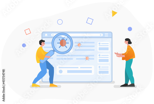 Malware removal services, website full security, antivirus and firewall. Two people stand near web page with virus bugs. Modern vector illustration