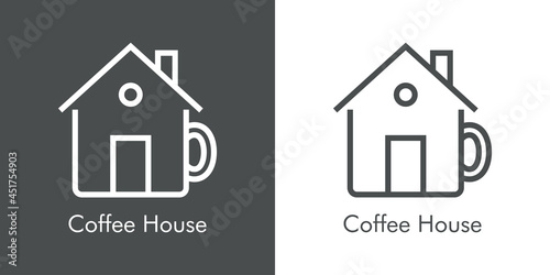 Logotipo con texto Coffee House con silueta de taza de café con forma de casa con lineas en fondo gris y fondo blanco