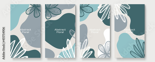 Abstract background for stories social media template with floral, outline, wave, leaves, and boho concept. Set of four invitation or greeting card design decorated with flowers.