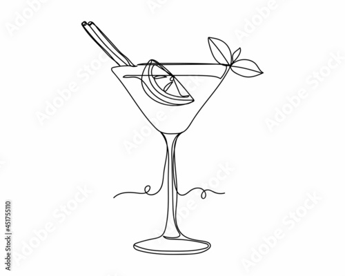 Continuous one line drawing of mojito cocktail in martini glass icon in silhouette on a white background. Linear stylized.Minimalist.