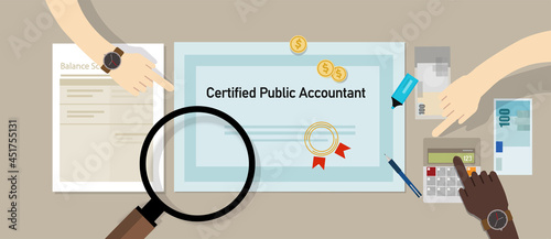 Certified public accountant CPA paper on a table. Business concept of accountant education certification