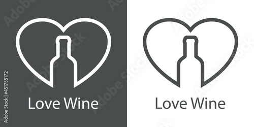 Logotipo con texto Love Wine con silueta de botella de vino con forma de corazón con lineas en fondo gris y fondo blanco