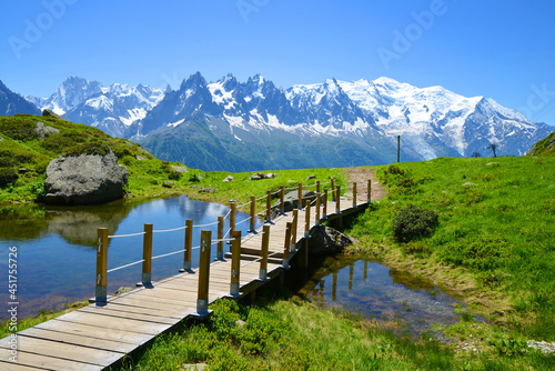 Idyllic landscape with Mont Blanc mountain range in sunny day. Nature Reserve Aiguilles Rouges, French Alps, France, Europe.