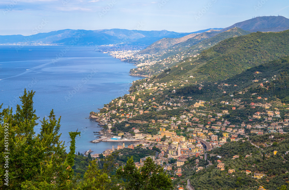 Aerial view of the Ligurian coast over Recco and towards Genoa, Italy.