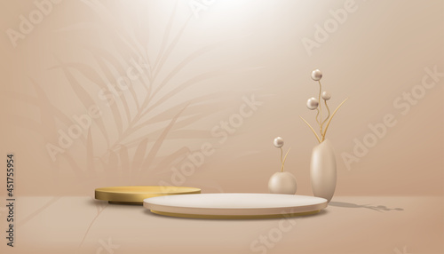 Studio room with cylinder podium and peach gold balls in vase,Gallery room with stand and palm leaves on wall background.Vector 3D minimal scene for product presentation in earth tone concept