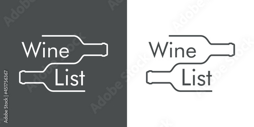 Logotipo con texto Wine List en silueta de 2 botellas de vino con lineas en fondo gris y fondo banco