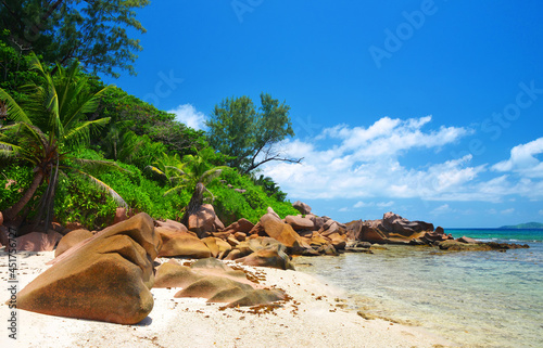 Anse Fourmis beach in La Digue Island, Indian Ocean, Seychelles. Exotic travel destination.