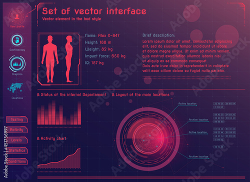 Vector abstract HUD elements for UX UI design. Futuristic sci-fi user interface for business, medicine, internet, finance, analytics applications. Cyber punk