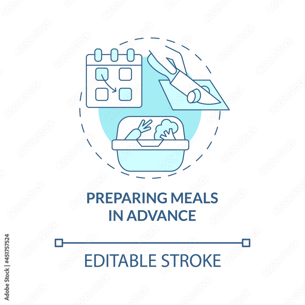 Preparing meals in advance blue concept icon. Prep foods ahead abstract idea thin line illustration. Prepare ingredients for week, month ahead. Vector isolated outline color drawing. Editable stroke