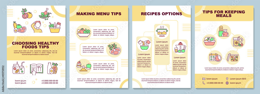 Meal planning tips brochure template. Making menu. Flyer, booklet, leaflet print, cover design with linear icons. Vector layouts for presentation, annual reports, advertisement pages