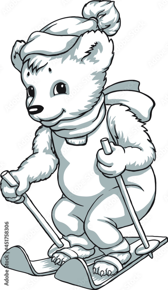 Fototapeta premium Mascot, bear on skis, black and white drawing, embroidery, print for fabric.