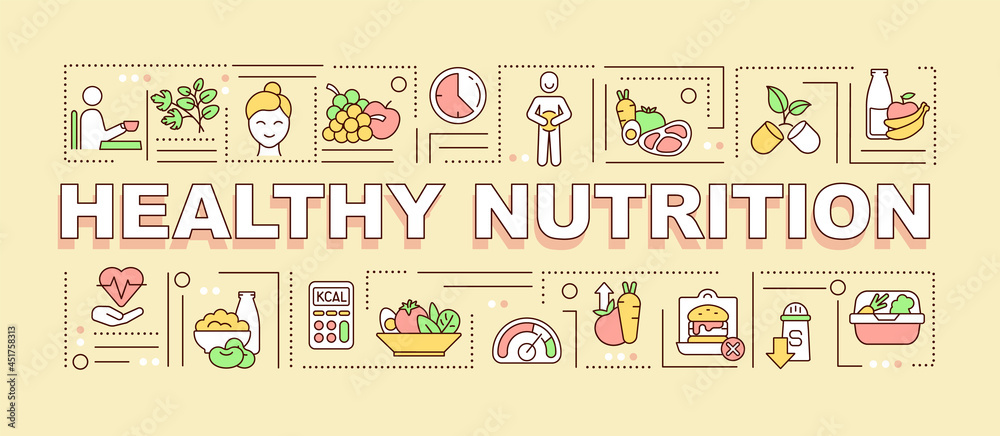 Healthy nutrition word concepts banner. Balanced diet. Infographics with linear icons on orange background. Isolated creative typography. Vector outline color illustration with text Healthy nutrition word concepts banner. Balanced diet. Infographics with linear icons on orange background. Isolated creative typography. Vector outline color illustration with text