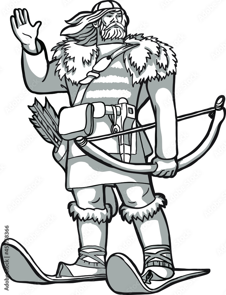 Fototapeta premium Strong man on skis, black and white drawing