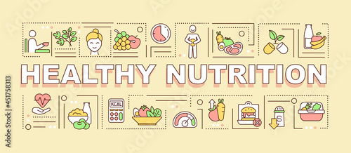 Fototapeta Naklejka Na Ścianę i Meble -  Healthy nutrition word concepts banner. Balanced diet. Infographics with linear icons on orange background. Isolated creative typography. Vector outline color illustration with text