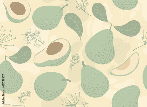 Vector, seamless pattern with avocado and dill. for printing labels, food packaging, fabric or paper.