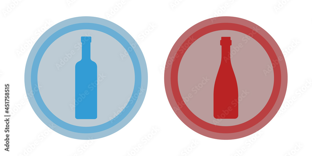 Bottle of vodka, red wine. Background is circle. Isolated color object design beverage. Graphic illustration in flat style. Simple icon for restaurant, pub, party Bottle of vodka, red wine. Background is circle. Isolated color object design beverage. Graphic illustration in flat style. Simple icon for restaurant, pub, party