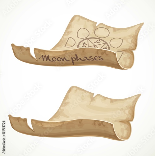 Piece of old tattered parchment with a fah moon outline isolated on white background