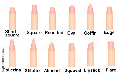 Fingers and nails.Different nail shapes.Ads for beauty salons.Sign, symbol, icon or logo isolated.Realistic mockup.Vector illustration.Set of  hand gestures.Female manicure.Fashion and cosmetic.
