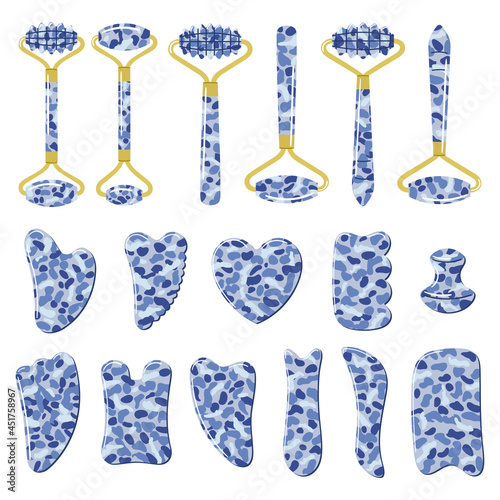 Big set of different gua sha stones and rollers are made of blue sodalite. Facial gua sha scraping massage tools. Home beauty routine, Chinese skin care concept. Hand drawn vector illustration.