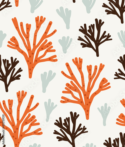 Seamless pattern of seaweeds and corals, isolated on beige. Concept of ocean flora and fauna, marine and underwater life, summertime. Colored vector illustration.