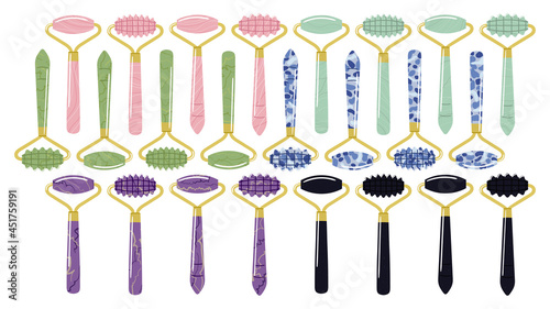 Big set of different gua sha rollers are made of quartz, aventurine, jade, amethyst, sodalite. Facial gua sha massage tools. Home beauty routine, Chinese skin care. Hand drawn vector illustration.