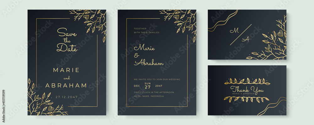 Wedding invitation cards with minimal black texture background and gold ...