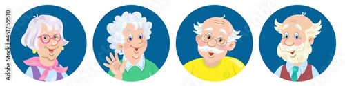 Avatar icons set. Four cute elderly people. Portraits of two men and two women in dark blue circles. In cartoon style. Isolated on white background. Vector illustration.