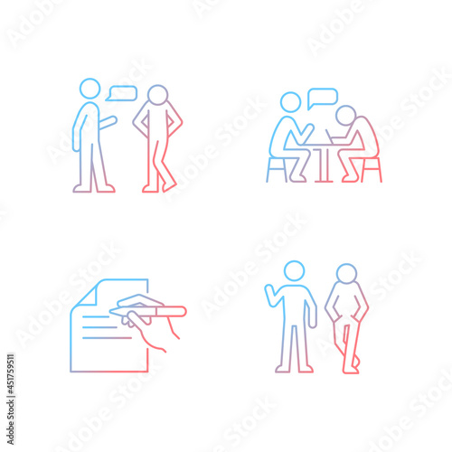 Understanding in communication gradient linear vector icons set. Nonverbal signal. Attitudinal barriers. Writing letters. Thin line contour symbols bundle. Isolated outline illustrations collection