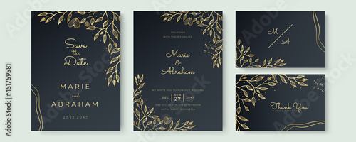 Luxury elegant tropical leaves black and gold wedding cards. Wedding black and gold concept. Floral poster  invite. Vector decorative greeting card or invitation design background