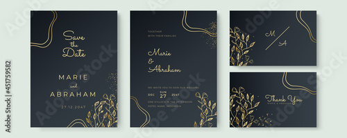 Luxury elegant tropical leaves black and gold wedding cards. Wedding black and gold concept. Floral poster  invite. Vector decorative greeting card or invitation design background