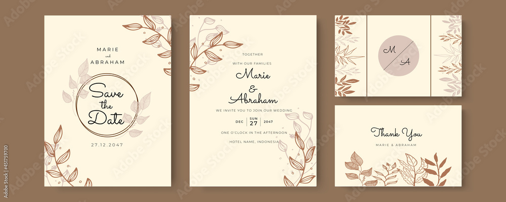 Modern wedding invitation template with green outline leaves. Minimalist wedding invitation card template design, floral brown line art ink drawing bouquet decorated on line frame on pastel color