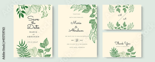 Fotografiet Modern wedding invitation template with green outline leaves