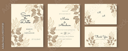 Modern wedding invitation template with green outline leaves. Minimalist wedding invitation card template design, floral brown line art ink drawing bouquet decorated on line frame on pastel color