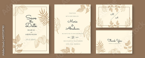 Modern wedding invitation template with green outline leaves. Minimalist wedding invitation card template design  floral brown line art ink drawing bouquet decorated on line frame on pastel color