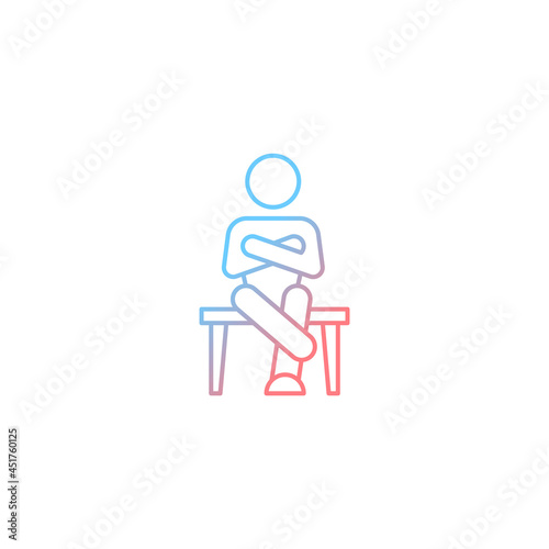 Closed body language gradient linear vector icon. Crossed legs, arms. Showing discomfort. Nonverbal communication. Thin line color symbol. Modern style pictogram. Vector isolated outline drawing