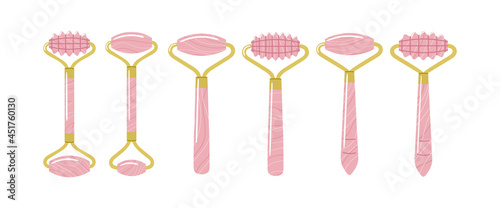Big set of different gua sha rollers are made of rose quartz. Facial gua sha massage tools. Home beauty routine, Chinese skin care concept. Hand drawn vector illustration.