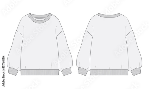 Long sleeves Cotton-terry Fleece sweatshirt technical fashion flat illustration With regular fit crew neckline. Flat Sketch jumper apparel vector template front, back view. Woman, unisex top CAD
