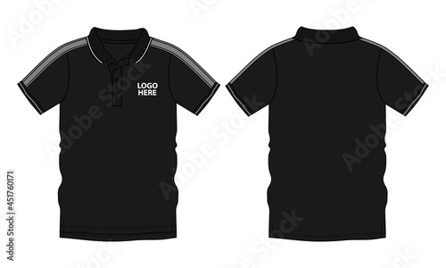 Polo Shirt Technical Fashion Flat Sketch vector illustration template front and back view isolated on white background. Men's fashion polo t shirt mock up CAD.